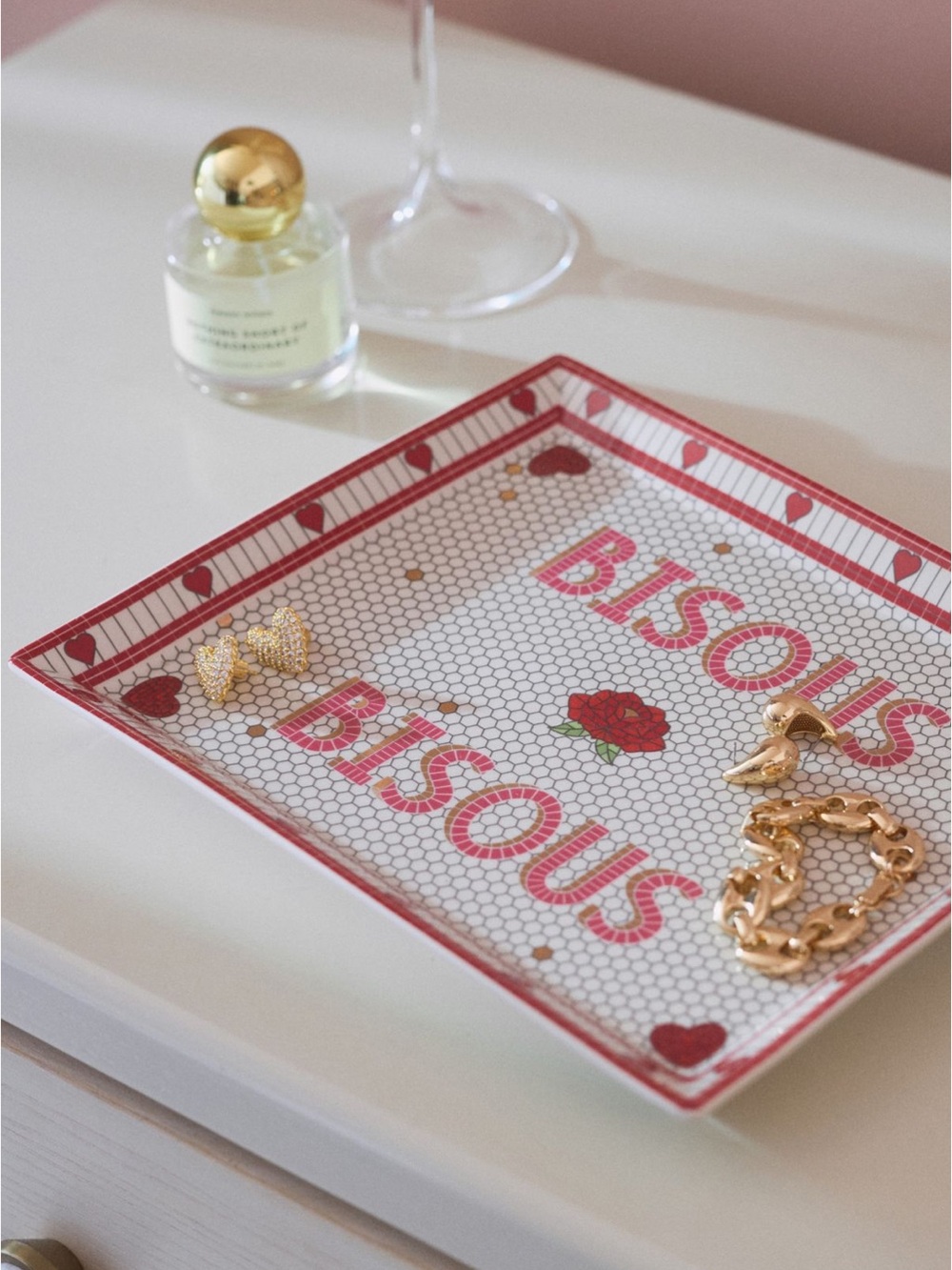 Anthropologie Bistro Tile Stoneware 24k Gold Accent Vanity Tray | Bisous | NIB